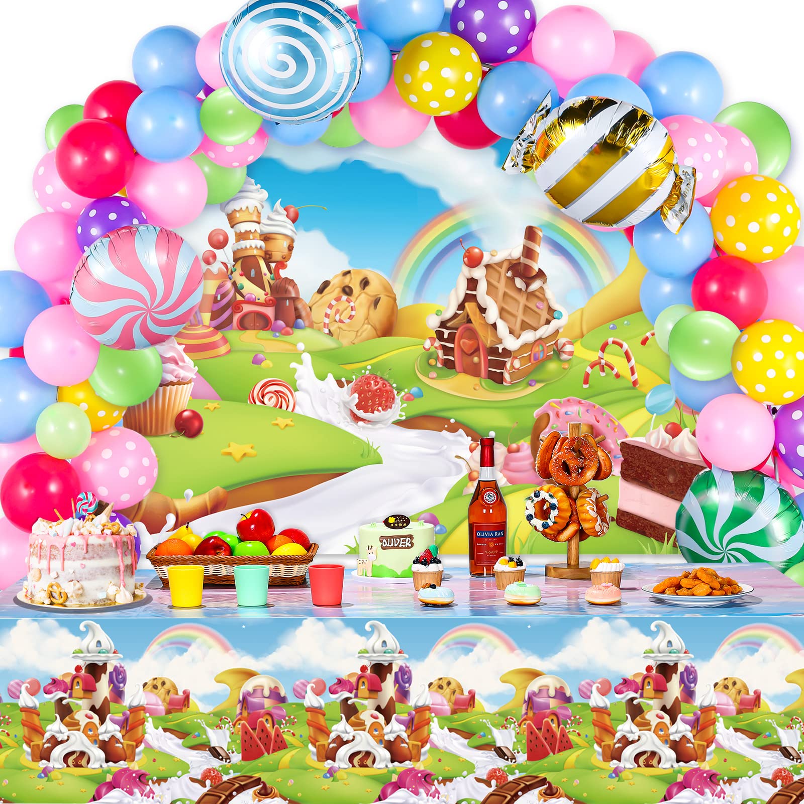 87 Pcs Candyland Themed Party Decorations, Candyland Lollipop Tablecloth and Lollipop Themed Backdrop with Balloon Garland Kit Christmas Candy Party Supplies for Christmas Halloween Party Supplies