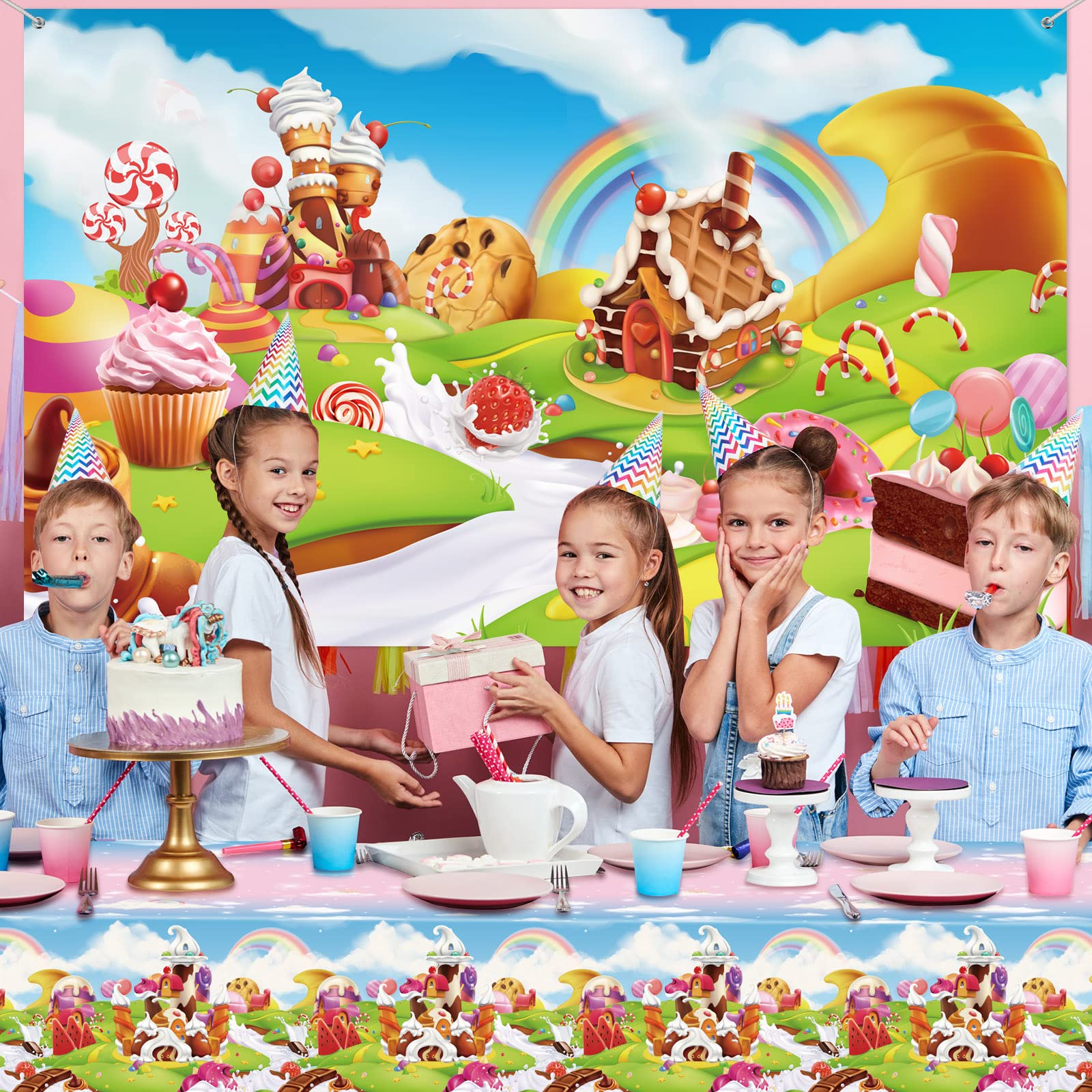 87 Pcs Candyland Themed Party Decorations, Candyland Lollipop Tablecloth and Lollipop Themed Backdrop with Balloon Garland Kit Christmas Candy Party Supplies for Christmas Halloween Party Supplies