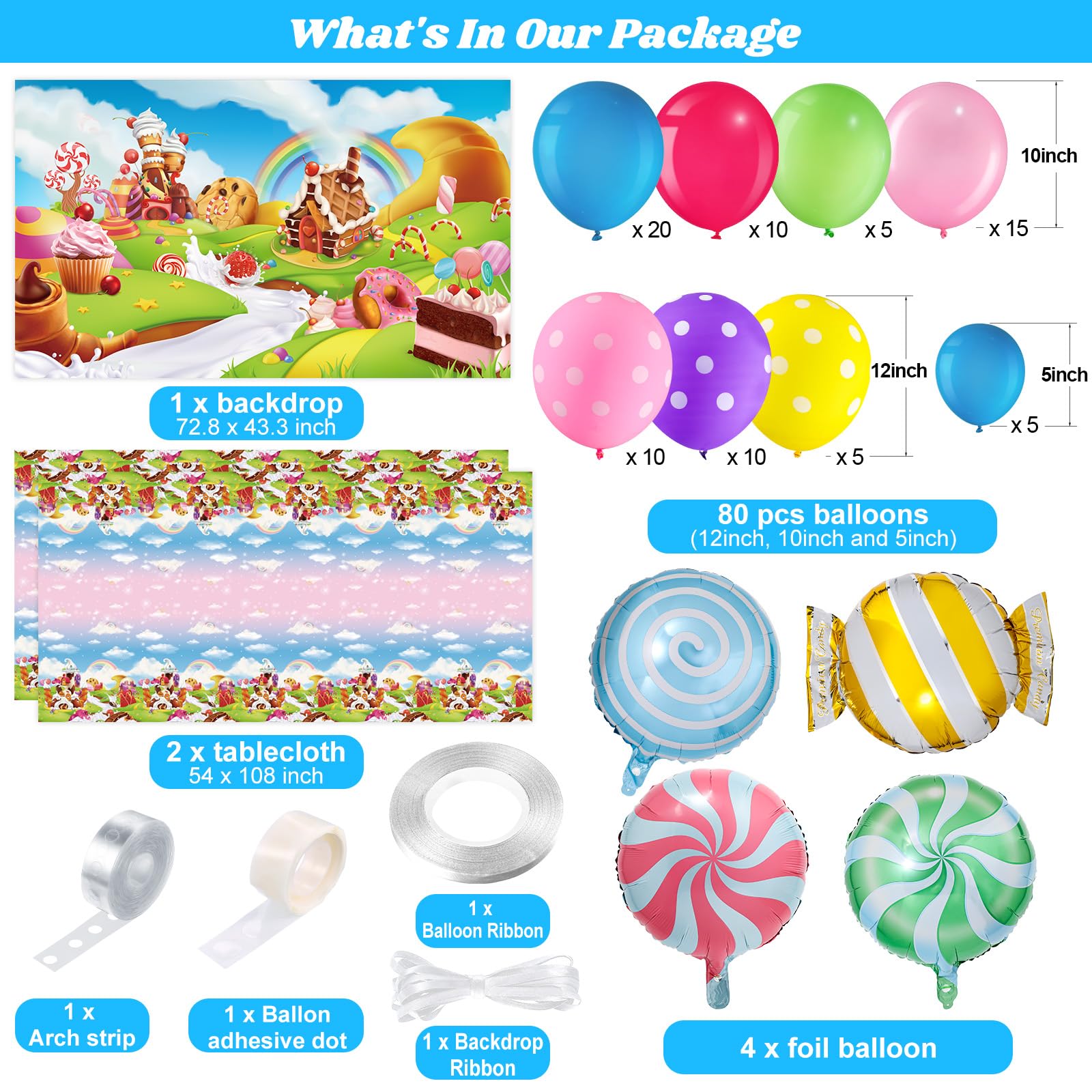 87 Pcs Candyland Themed Party Decorations, Candyland Lollipop Tablecloth and Lollipop Themed Backdrop with Balloon Garland Kit Christmas Candy Party Supplies for Christmas Halloween Party Supplies