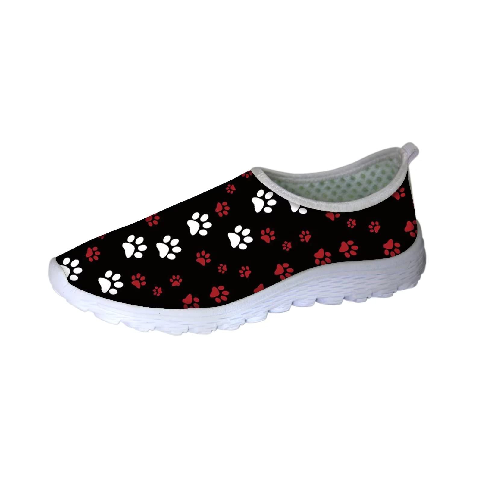 Forchrinse Red White Dog Paw Print Women’s Mesh Slip on Walking Shoes Men’s Running Sneakers Lightweight for Causal Work Gym