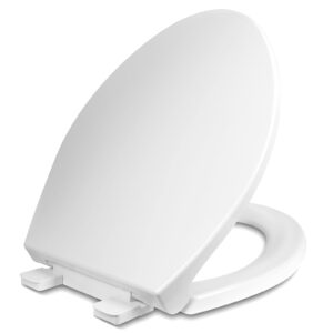 elongated toilet seat, slow-close, quick-release, never loosen, heavy duty, easy to install and clean, oval, white, 18.5"l x 14.2"w