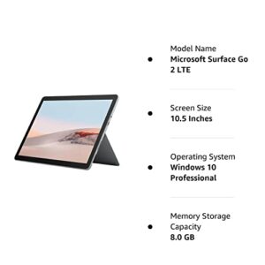 Microsoft Surface Go 2 LTE Tablet, Intel Core m3 M3-8100Y, Intel HD Graphics 615, 8GB RAM, 128GB SSD Storage, Windows 10 Pro, Platinum