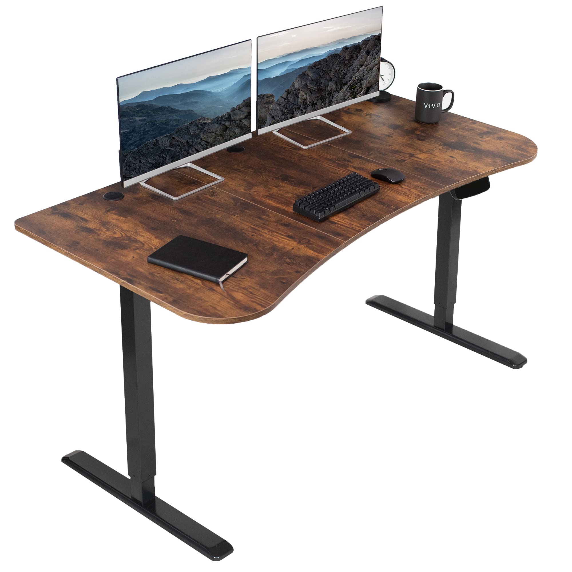 VIVO Electric Height Adjustable 63 x 32 inch Memory Stand Up Desk, Rustic Vintage Brown Table Top, Black Frame, Touch Screen Preset Controller, 2E Series, DESK-KIT-2EBN