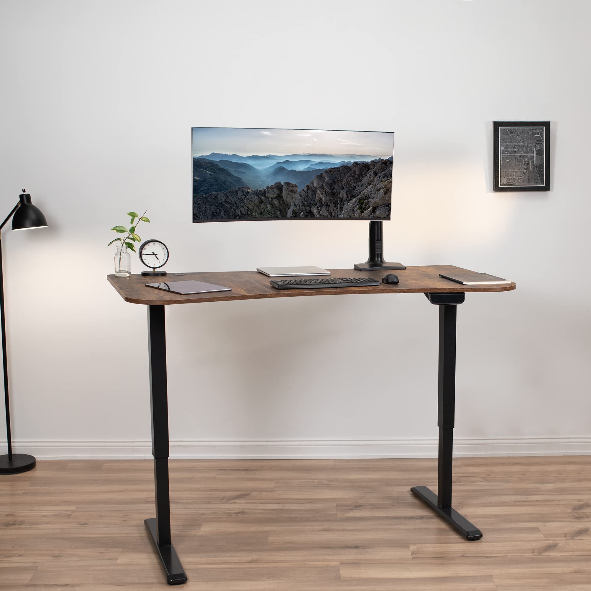 VIVO Electric Height Adjustable 63 x 32 inch Memory Stand Up Desk, Rustic Vintage Brown Table Top, Black Frame, Touch Screen Preset Controller, 2E Series, DESK-KIT-2EBN