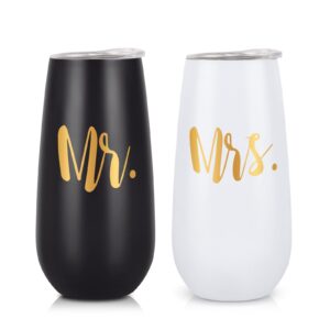 lifecapido 2 pack mr and mrs stainless steel insulated champagne flute tumbler, engagement wedding gifts for couples newlyweds bride groom wife his and hers anniversary bridal shower(6oz, black&white)