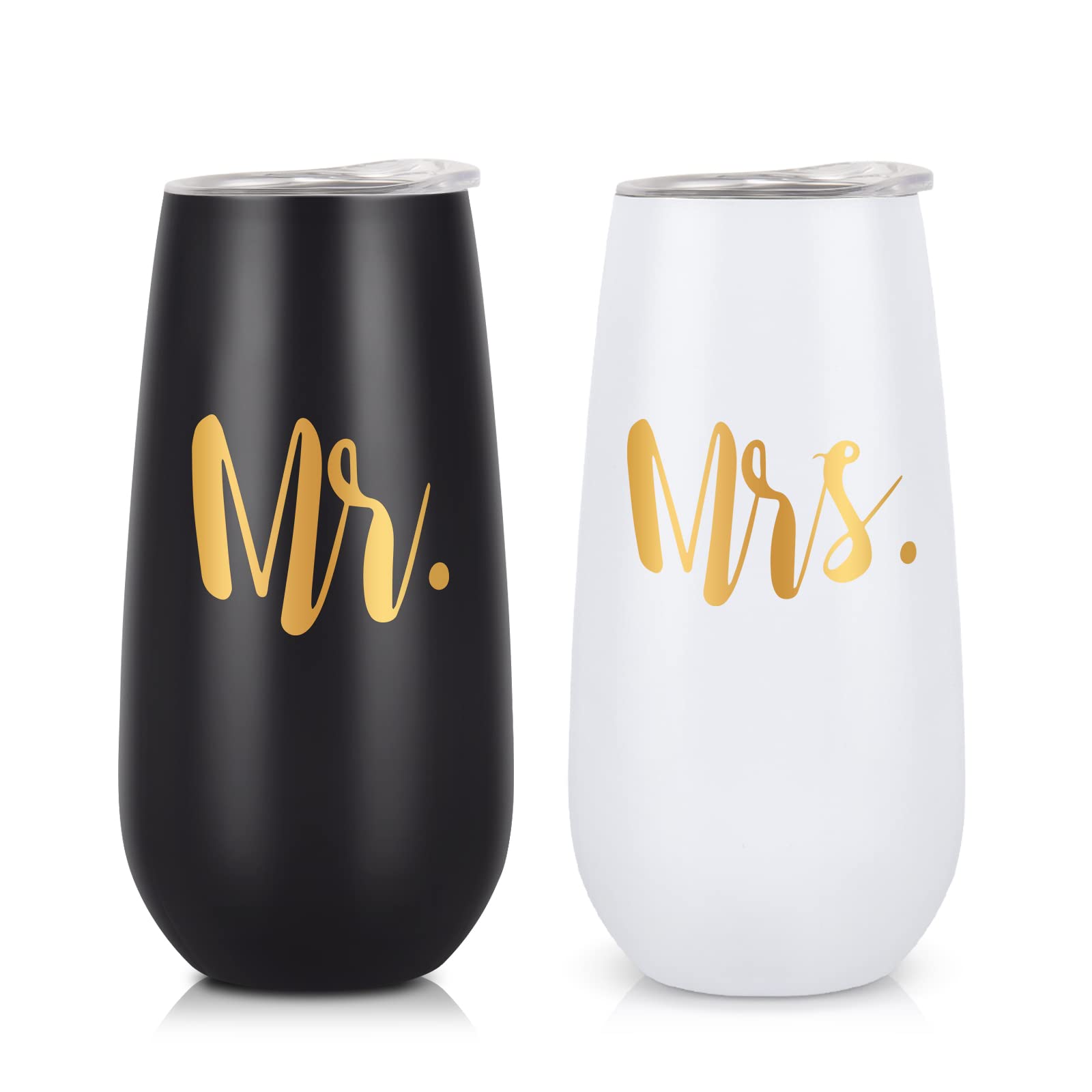 Lifecapido 2 Pack Mr and Mrs Stainless Steel Insulated Champagne Flute Tumbler, Engagement Wedding Gifts for Couples Newlyweds Bride Groom Wife His and Hers Anniversary Bridal Shower(6oz, Black&White)