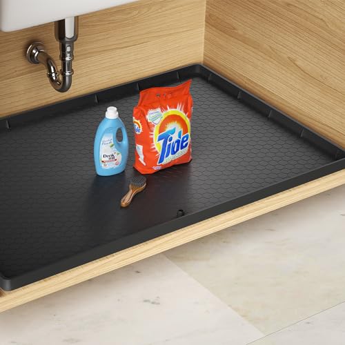 Under Sink Mat - 34" x 22" Waterproof Kitchen Cabinet Mat - Flexible Silicone Under Sink Liner with Drain Hole - Kitchen Bathroom Cabinet Mat and Protector for Drips Leaks Spills (Black)