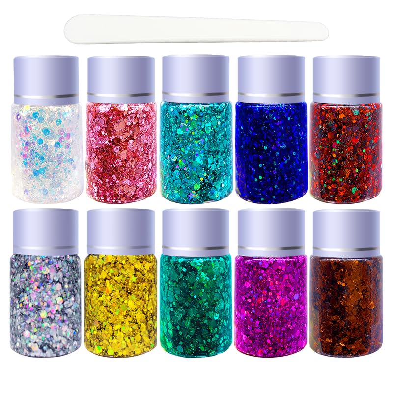 Body Face Glitter Gel SUPGIFT 10 Colors 10.6oz Holographic Chunky Laser Liquid Glitter Sequins Glue for Makeup Eyeshadow Hair Nail Slime Craft Resin with Spoon