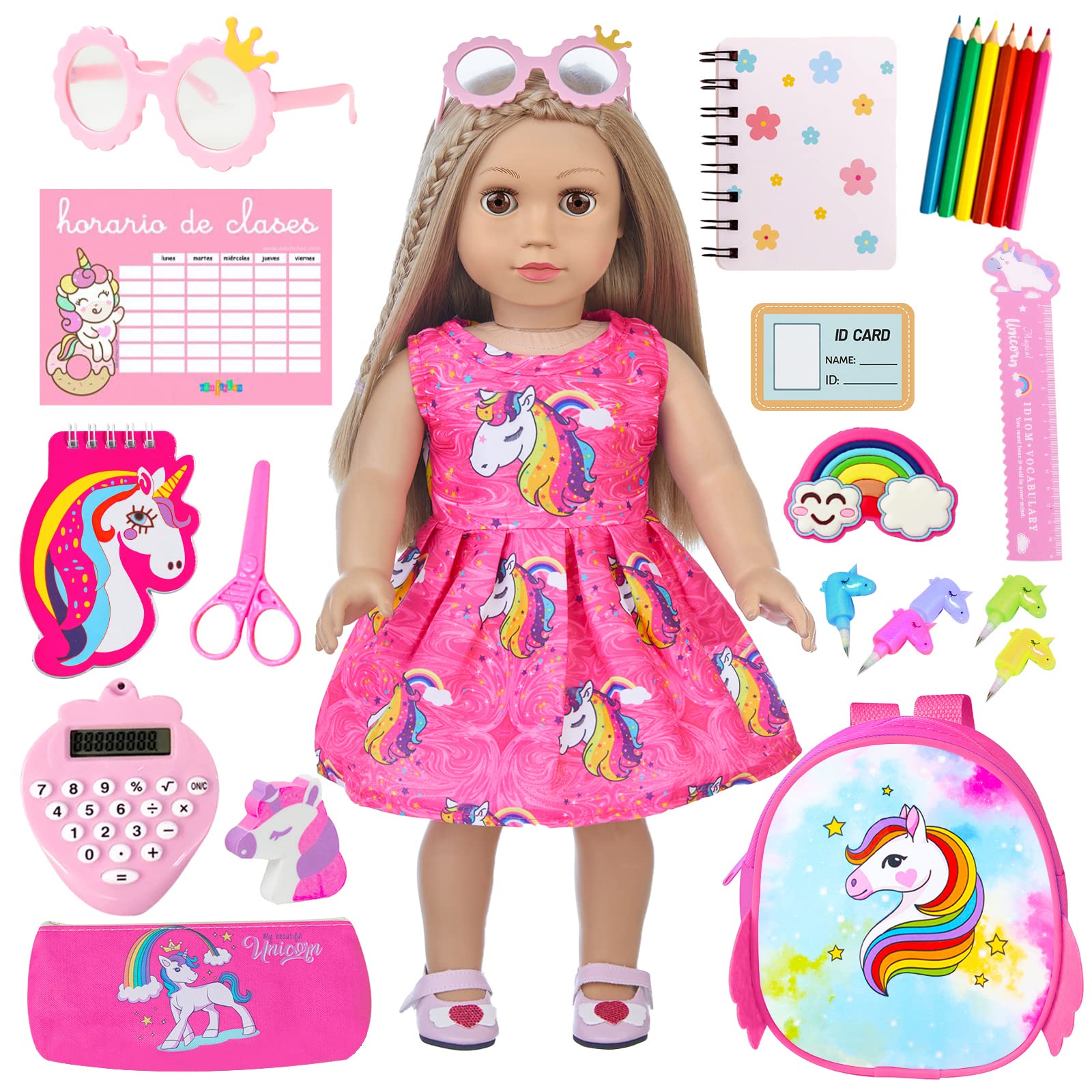 UZIDBTO American 18 Inch Doll Accessories Stationery Set and Clothes Pink Unicorn Series for Kid's 18 Inch Doll