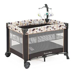 Pamo Babe Portable Nursery Center Foldable Bassinet Play Yard Crib Sleeper with Travel Cot, Changing Table Diaper Station, Mobile, & Carry Bag, Khaki