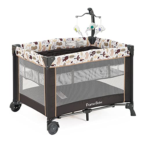 Pamo Babe Portable Nursery Center Foldable Bassinet Play Yard Crib Sleeper with Travel Cot, Changing Table Diaper Station, Mobile, & Carry Bag, Khaki