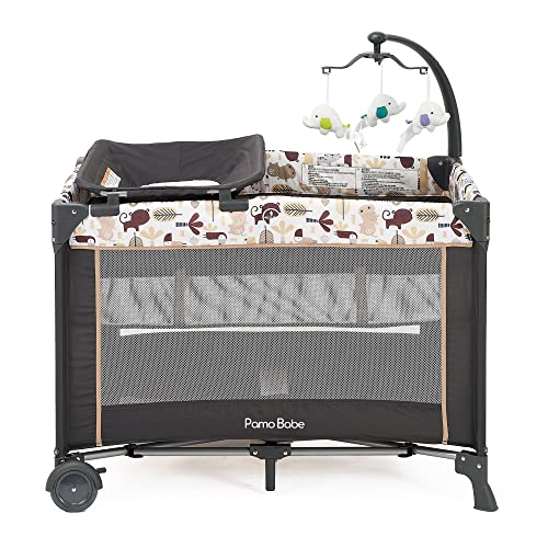 Pamo Babe Portable Nursery Center Foldable Bassinet Play Yard Crib Sleeper with Travel Cot, Changing Table Diaper Station, Mobile, & Carry Bag, Khaki
