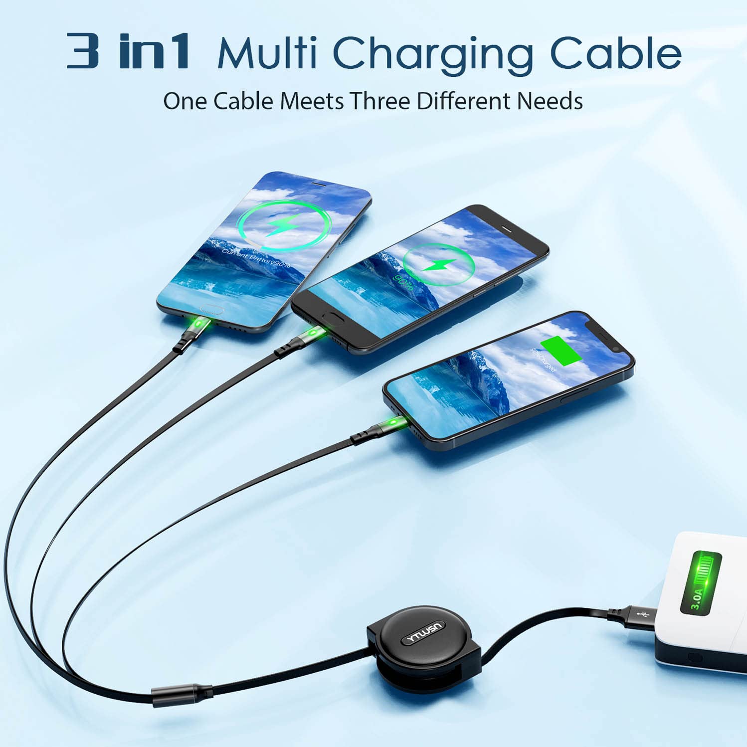 Multi Charger Cable 3A [4Ft 2Pack] Multi Charging Cable 3 in 1 Retractable Charging Cord Multi USB Cable with Lightning/Type C/Micro USB Port for Cell Phones/Samsung Galaxy/LG/Huawei/Tablets/PS & More