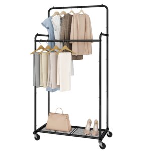 simple trending double rod clothes garment rack, heavy duty clothing rolling rack on wheels for hanging clothes,with 4 hooks, black