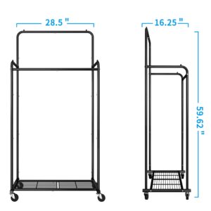 Simple Trending Double Rod Clothes Garment Rack, Heavy Duty Clothing Rolling Rack on Wheels for Hanging Clothes,with 4 Hooks, Black