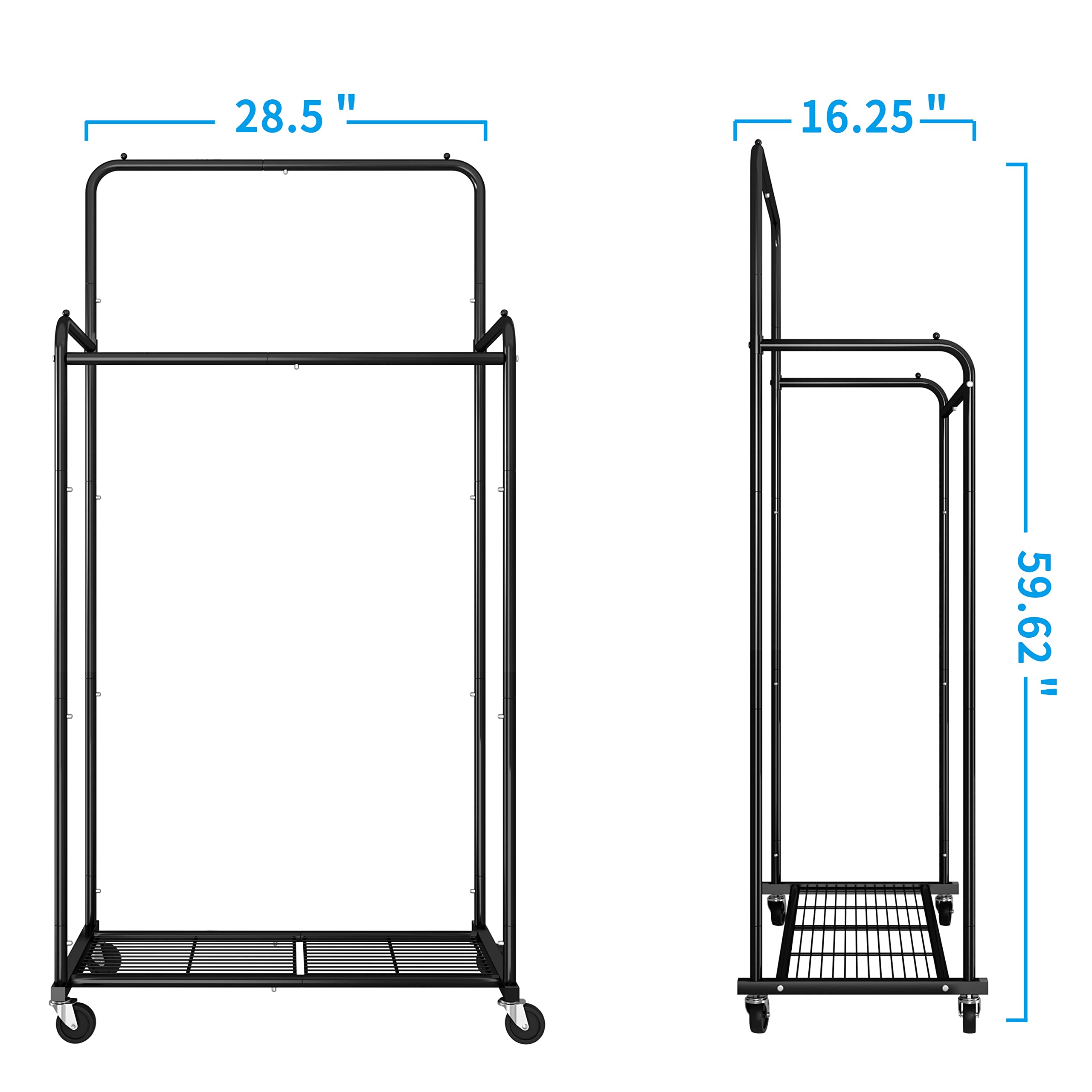 Simple Trending Double Rod Clothes Garment Rack, Heavy Duty Clothing Rolling Rack on Wheels for Hanging Clothes,with 4 Hooks, Black