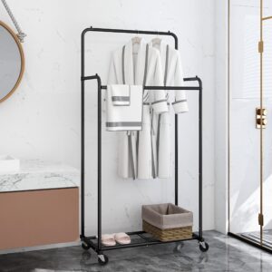 Simple Trending Double Rod Clothes Garment Rack, Heavy Duty Clothing Rolling Rack on Wheels for Hanging Clothes,with 4 Hooks, Black