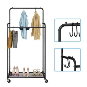 Simple Trending Double Rod Clothes Garment Rack, Heavy Duty Clothing Rolling Rack on Wheels for Hanging Clothes,with 4 Hooks, Black