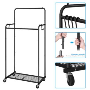 Simple Trending Double Rod Clothes Garment Rack, Heavy Duty Clothing Rolling Rack on Wheels for Hanging Clothes,with 4 Hooks, Black