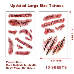 Halloween Scar Temporary Tattoos 3D Body Face Realistic Fake Stitches Tattoo Sticker Waterproof for Chucky Costume Zombie Vampire Makeup Prank Props Cosplay Kids Adults