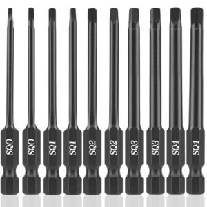 nauix square drill bit set (10pcs - 3 inch long s2 steel magnetic heads) 1/4 inch hex shank square screwdriver bit set sizes sq0 sq1 sq2 sq3 sq4 (2 of each size)