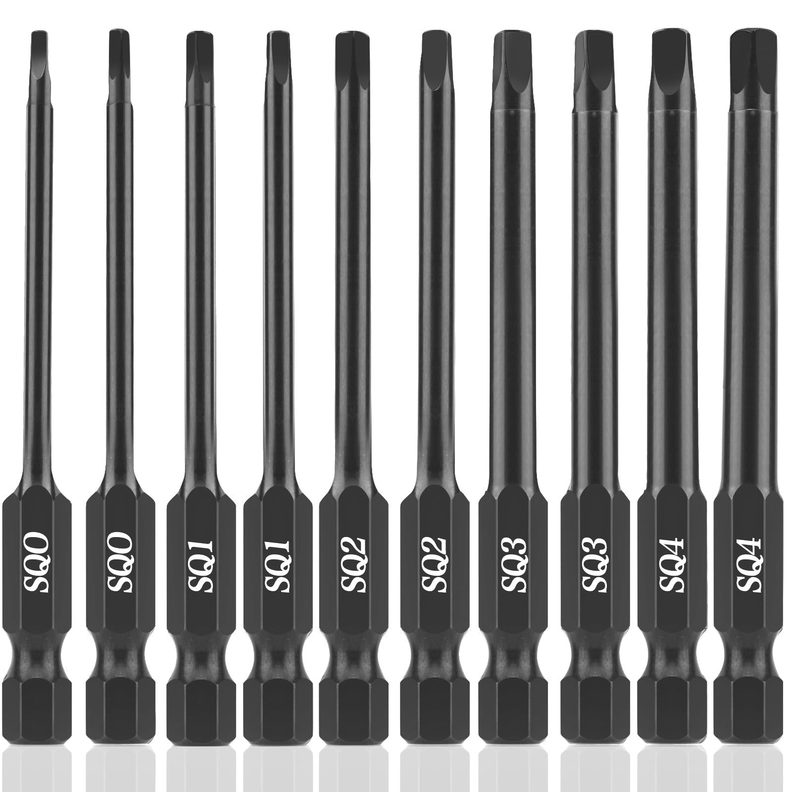 NAUIX Square Drill Bit Set (10pcs - 3 Inch Long S2 Steel Magnetic Heads) 1/4 Inch Hex Shank Square Screwdriver Bit Set Sizes SQ0 SQ1 SQ2 SQ3 SQ4 (2 of Each Size)