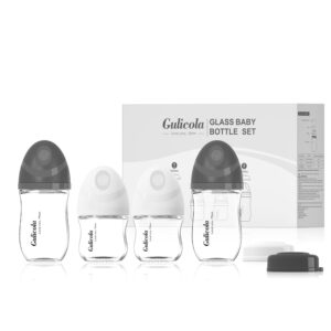 gulicola natural glass baby bottles gift set 4 pack, newborn boy breastfeeding bottles with slow flow nipples, 0 months+, 3 oz & 5 oz - black/white