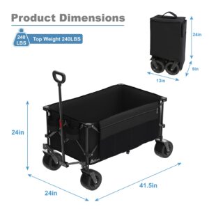 MDEAM Folding Collapsible Wagon,Large Capacity Outdoor Wagons Carts Heavy Duty Foldable Utility with Big All-Terrain Wheels &2 Side Pocket for Camping,Sports(Black)