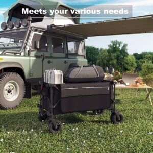 MDEAM Folding Collapsible Wagon,Large Capacity Outdoor Wagons Carts Heavy Duty Foldable Utility with Big All-Terrain Wheels &2 Side Pocket for Camping,Sports(Black)