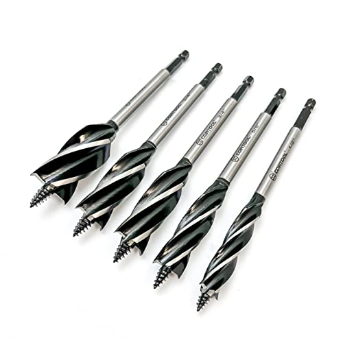 CORTOOL Auger Drill Bit for Wood,1/2", 5/8", 3/4" and 1" Inch Size with Quick Change Hex Shank 5-Piece Drill Bit Set for Wood