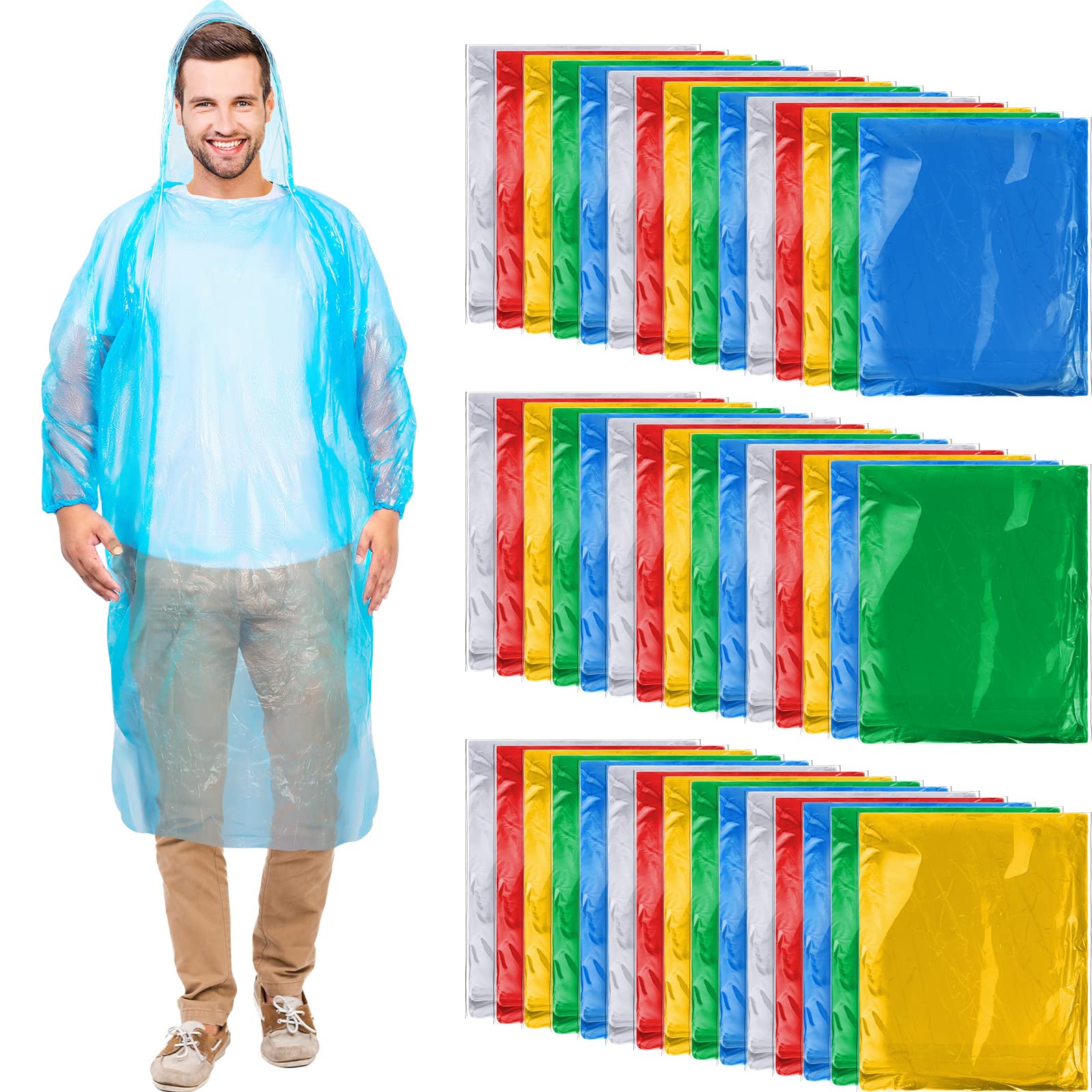 200 Pieces Adults Rain Ponchos Bulk 5 Colors Disposable Rain Ponchos with Hoods Emergency Disposable Raincoat Individually Wrapped Waterproof Plastic Ponchos for Man Women Traveling Camping Hiking