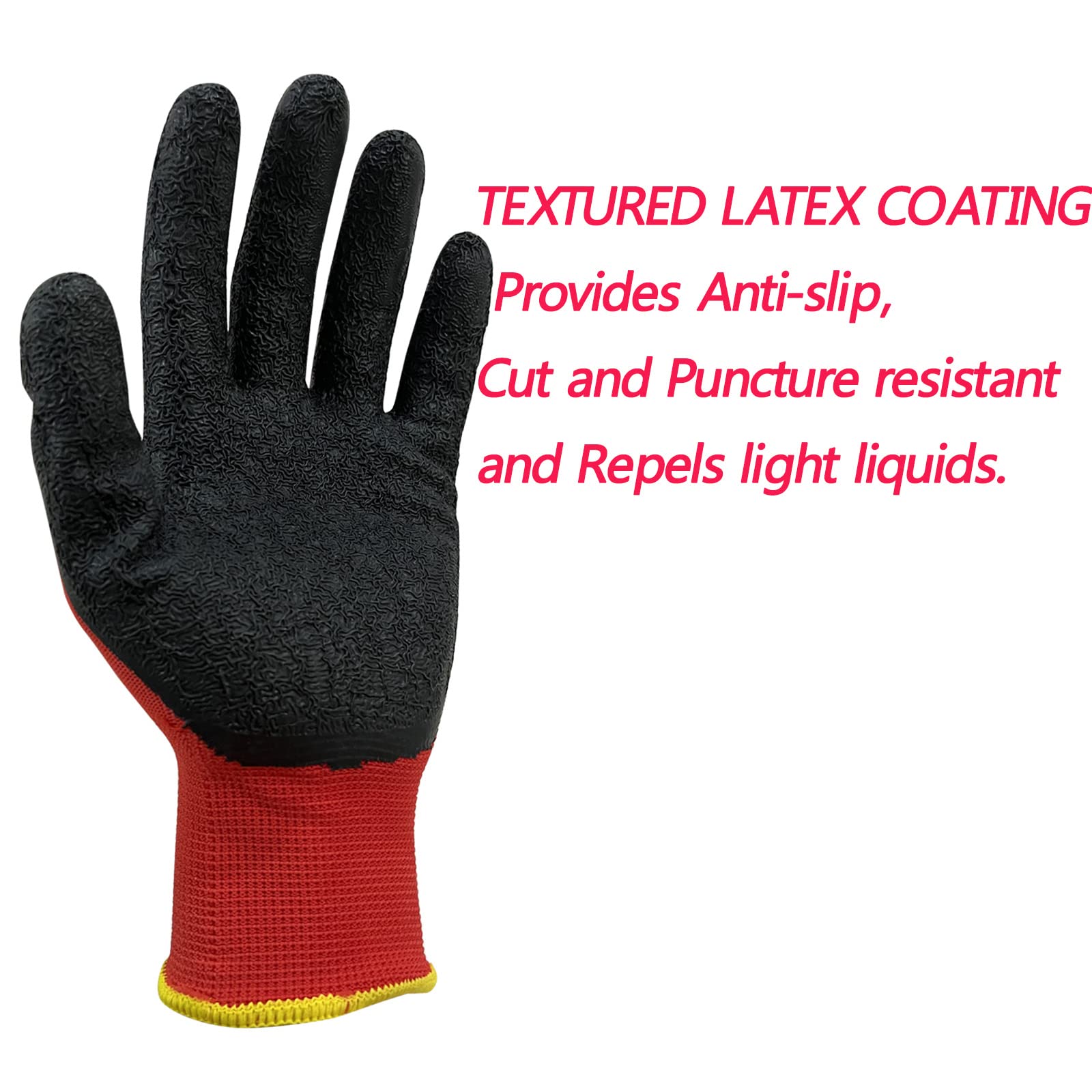 JM-FUHAND Heat Resistant Gloves for Men and Women,Latex Rubber Coated Gloves With Grip. (Medium(2 pairs), red)