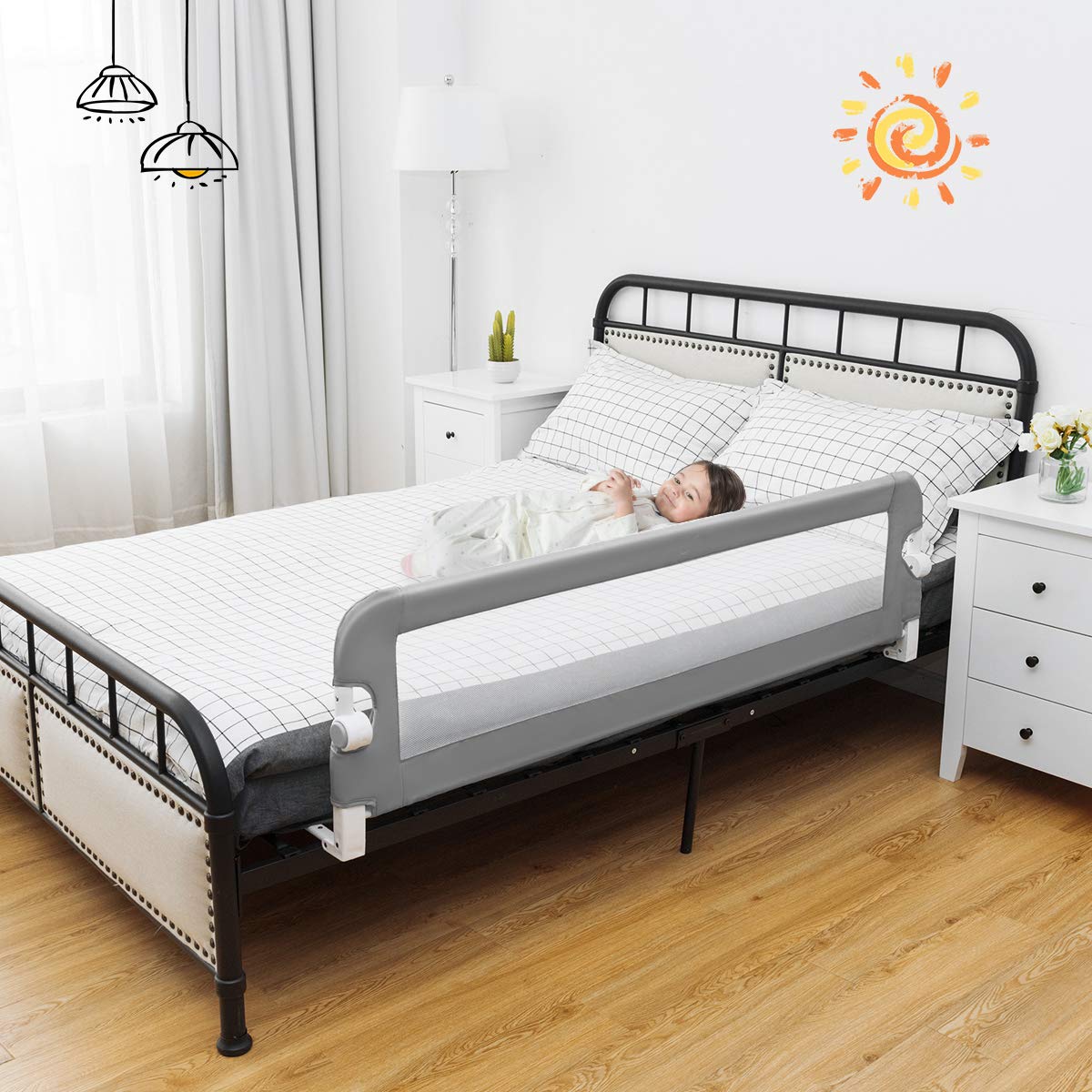 HONEY JOY Bed Rail for Toddlers, 59-in Extra Long, Portable Safety Bed Guardrail, Foldable Baby Bed Rail Guard, Fit King & Queen Full Twin Size Bed Mattress(Gray)