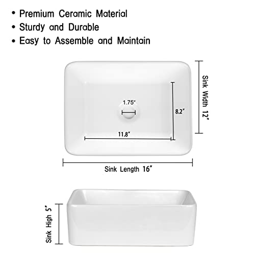 KGAR Ceramic Vessel Sink Rectangle Bathroom Sink Above Counter 16'' x 12'' Porcelain Sink Bowl, White