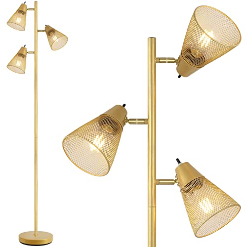 Industrial Floor Lamp,Standing Lamp,Gold Tree Floor Lamp with 3 Adjustable Rotating Lights, Independent Control, 3PCs LED Bulb Included, Tall Pole Lamps for Living Room, Bedroom, Home, Office