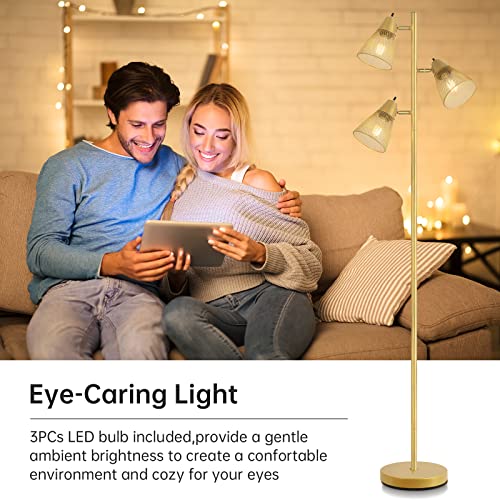 Industrial Floor Lamp,Standing Lamp,Gold Tree Floor Lamp with 3 Adjustable Rotating Lights, Independent Control, 3PCs LED Bulb Included, Tall Pole Lamps for Living Room, Bedroom, Home, Office