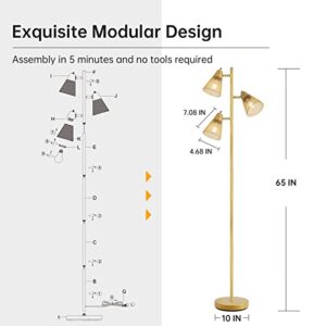 Industrial Floor Lamp,Standing Lamp,Gold Tree Floor Lamp with 3 Adjustable Rotating Lights, Independent Control, 3PCs LED Bulb Included, Tall Pole Lamps for Living Room, Bedroom, Home, Office