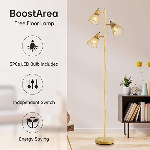 Industrial Floor Lamp,Standing Lamp,Gold Tree Floor Lamp with 3 Adjustable Rotating Lights, Independent Control, 3PCs LED Bulb Included, Tall Pole Lamps for Living Room, Bedroom, Home, Office