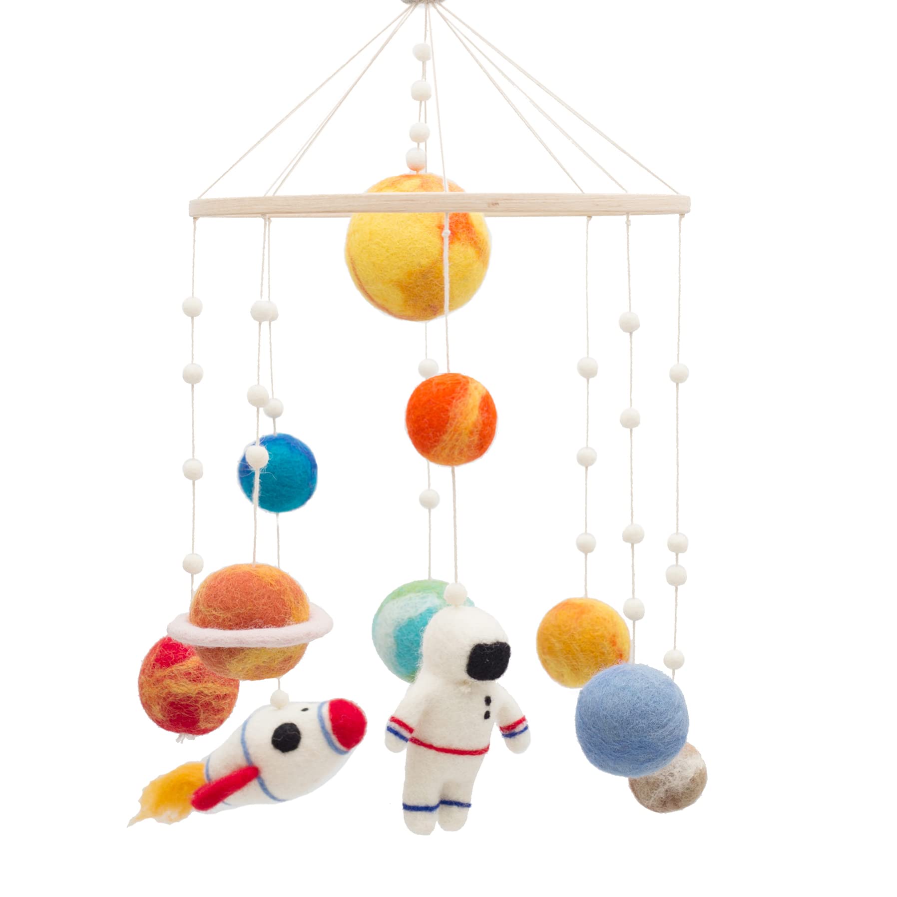 Glaciart One Space Nursery Felt Mobile - Colorful Decor for Crib, Baby Rooms - Handmade, Child-Safe Wood, Felt Wool & Cotton - Solar System Decoration for Girls & Boys - 10x20Inch