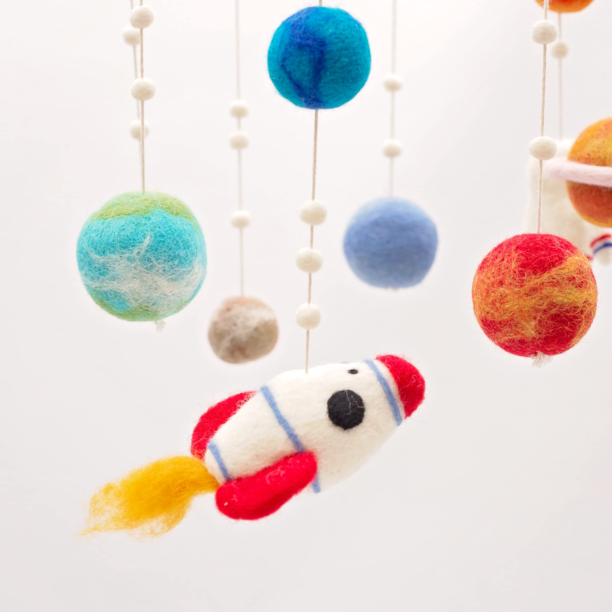 Glaciart One Space Nursery Felt Mobile - Colorful Decor for Crib, Baby Rooms - Handmade, Child-Safe Wood, Felt Wool & Cotton - Solar System Decoration for Girls & Boys - 10x20Inch