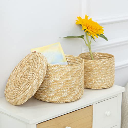 Cabilock Laundry Basket Woven Wheat- Straw Bin Straw Woven Storage sundries storage basket stationery storage basket decorative woven basket Baskets with Lid Wicker Serving Basket Classroom Decor