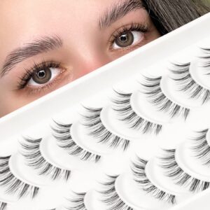 lashes natural look 10mm with thin clear band 10 pairs asian korean japanese style natural looking fake strip lashes for small face eyes by emeda(806)