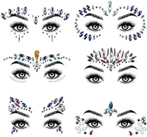 aomig face gems glitter, 6 pcs rhinestone face glitter stickers, mermaid face jewels stick on, crystal tears gem stones eyes face body temporary tattoos stickers for birthday party, rave makeup