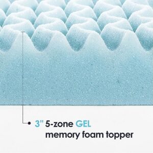 Mellow 3 Inch 5-Zone Memory Foam Mattress Topper, Cooling Gel Infusion, Queen, Blue