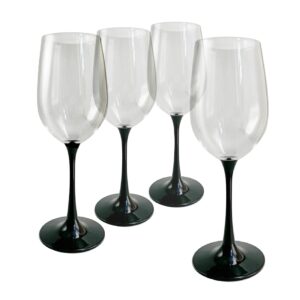 lily's home unbreakable stemmed white wine glasses, made of non breakable shatterproof plastic, indoor and outdoor drinkware, reusable and dishwasher-safe, 13 oz. each, set of 4 (black stem)