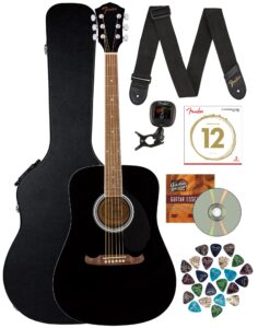 fender fa-125 dreadnought acoustic guitar - black bundle with hard case, tuner, strap, strings, picks, and austin bazaar instructional dvd