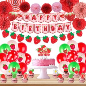 strawberry birthday party decorations set include strawberry shortcake birthday banner cake toppers balloons paper pompoms and fans for kids girl berry sweet themed birthday party supplies decor