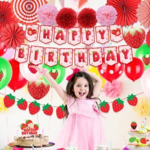 Strawberry Birthday Party Decorations Set Include Strawberry Shortcake Birthday Banner Cake Toppers Balloons Paper Pompoms and Fans for Kids Girl Berry Sweet Themed Birthday Party Supplies Decor