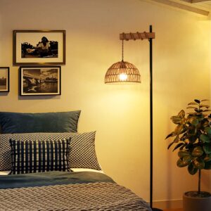 Floor Lamp for Living Room with 3 Color Temperatures and Stepless Dimmer, Smart Floor Lamp with Remote Control & APP, Tall Standing Lamp with Rattan Lampshade, Farmhouse Floor Lamps for Bedroom Office