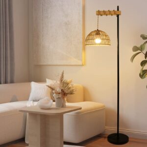 Floor Lamp for Living Room with 3 Color Temperatures and Stepless Dimmer, Smart Floor Lamp with Remote Control & APP, Tall Standing Lamp with Rattan Lampshade, Farmhouse Floor Lamps for Bedroom Office